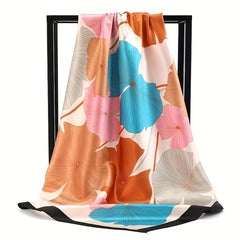 Lotus Print Satin Square Scarf Flower Bandana Women Casual Sunscreen Shawl