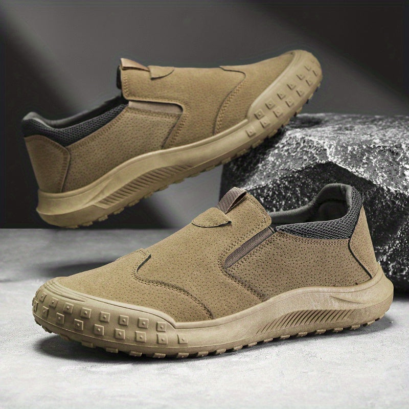Men Slip On Sneakers Work Shoes Sporty Outdoor Khaki Faux Suede Hiking Shoes