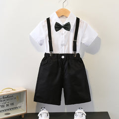 Boys Gentleman Outfit Button Bowtie Short Sleeve Shirt & Suspender Shorts Set