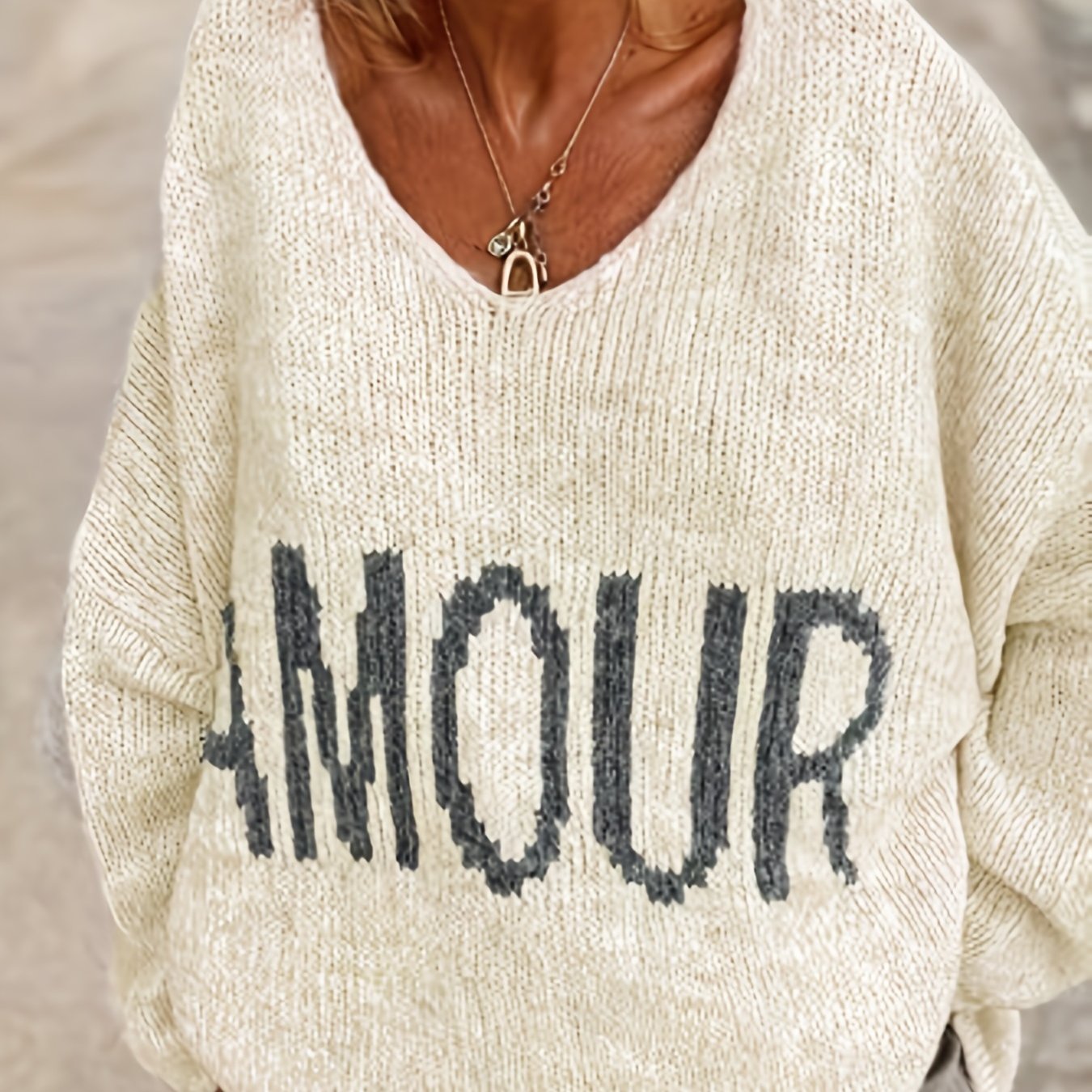 Letter Pattern V Neck Pullover Sweater Casual Long Sleeve Sweater