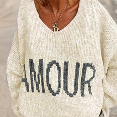 Letter Pattern V Neck Pullover Sweater Casual Long Sleeve Sweater