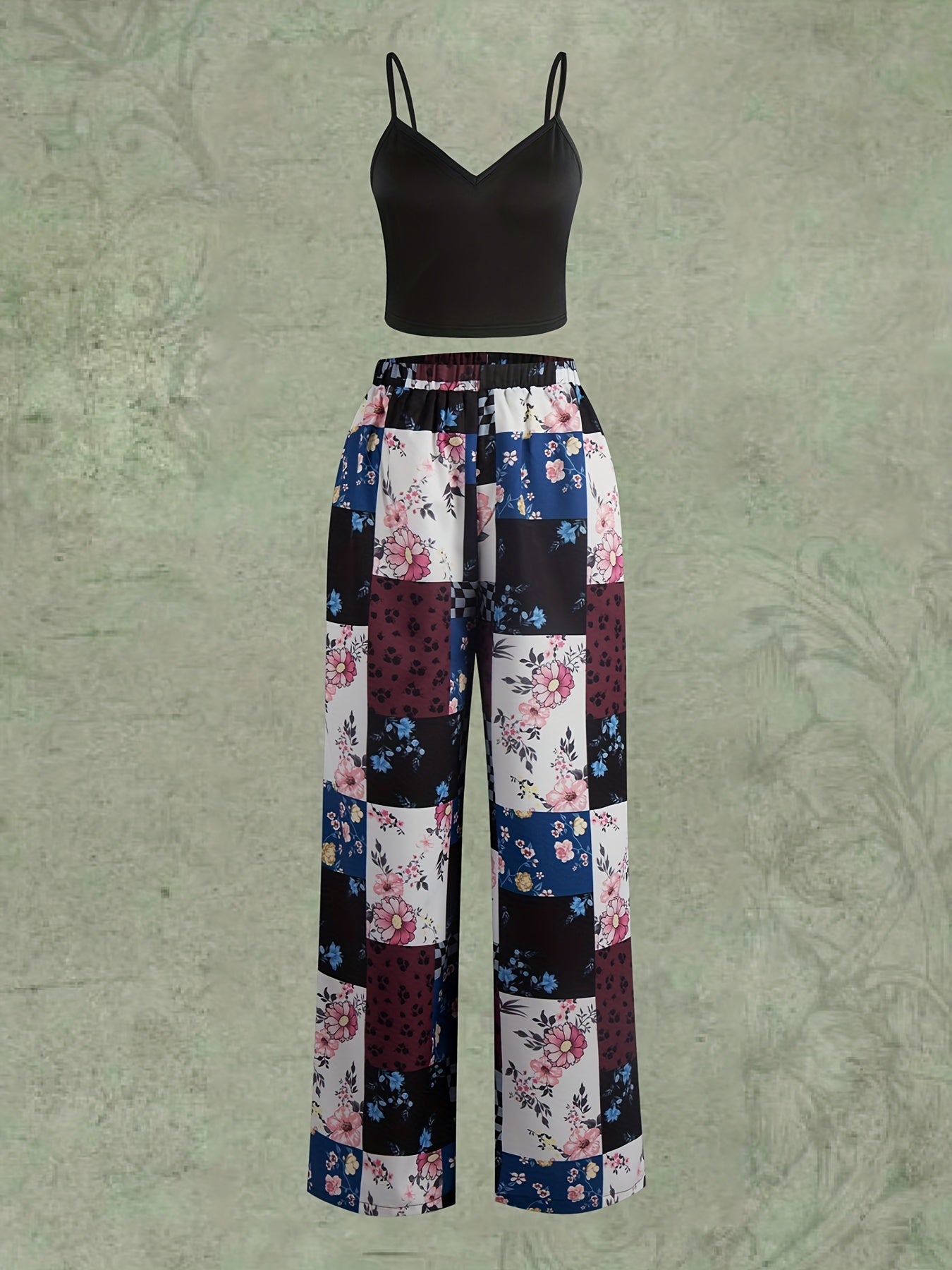 Hippie 2pc Set Solid Cami Top & Floral Wide Leg Pants