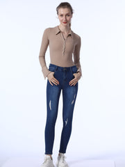 High Rise Ripped Cropped Skinny Jeans Mid Waist Distressed Denim Pants