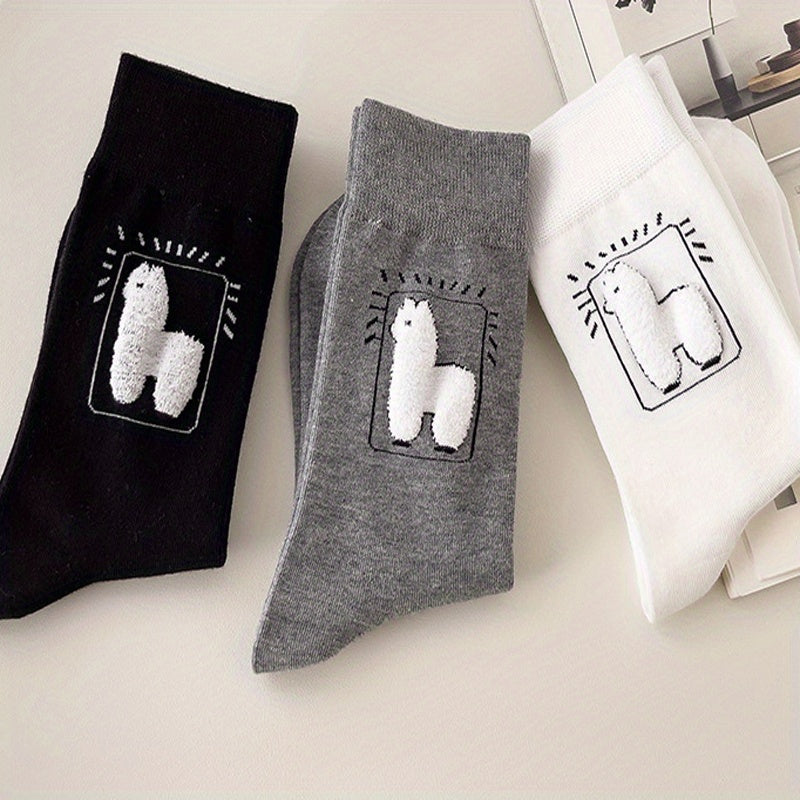 3 Pairs Cartoon Alpaca Print Socks Comfy & Mid Tube Women's Stockings