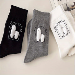 3 Pairs Cartoon Alpaca Print Socks Comfy & Mid Tube Women's Stockings