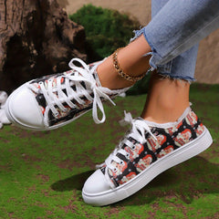 Christmas Santa Print Raw Trim Fall Round Toe Flat Skate Shoes