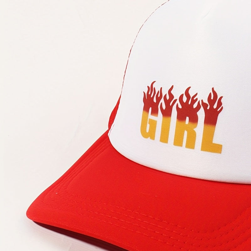 GIRL Flame Print Trucker Hat Red Baseball Cap Adjustable Mesh Dad Hat