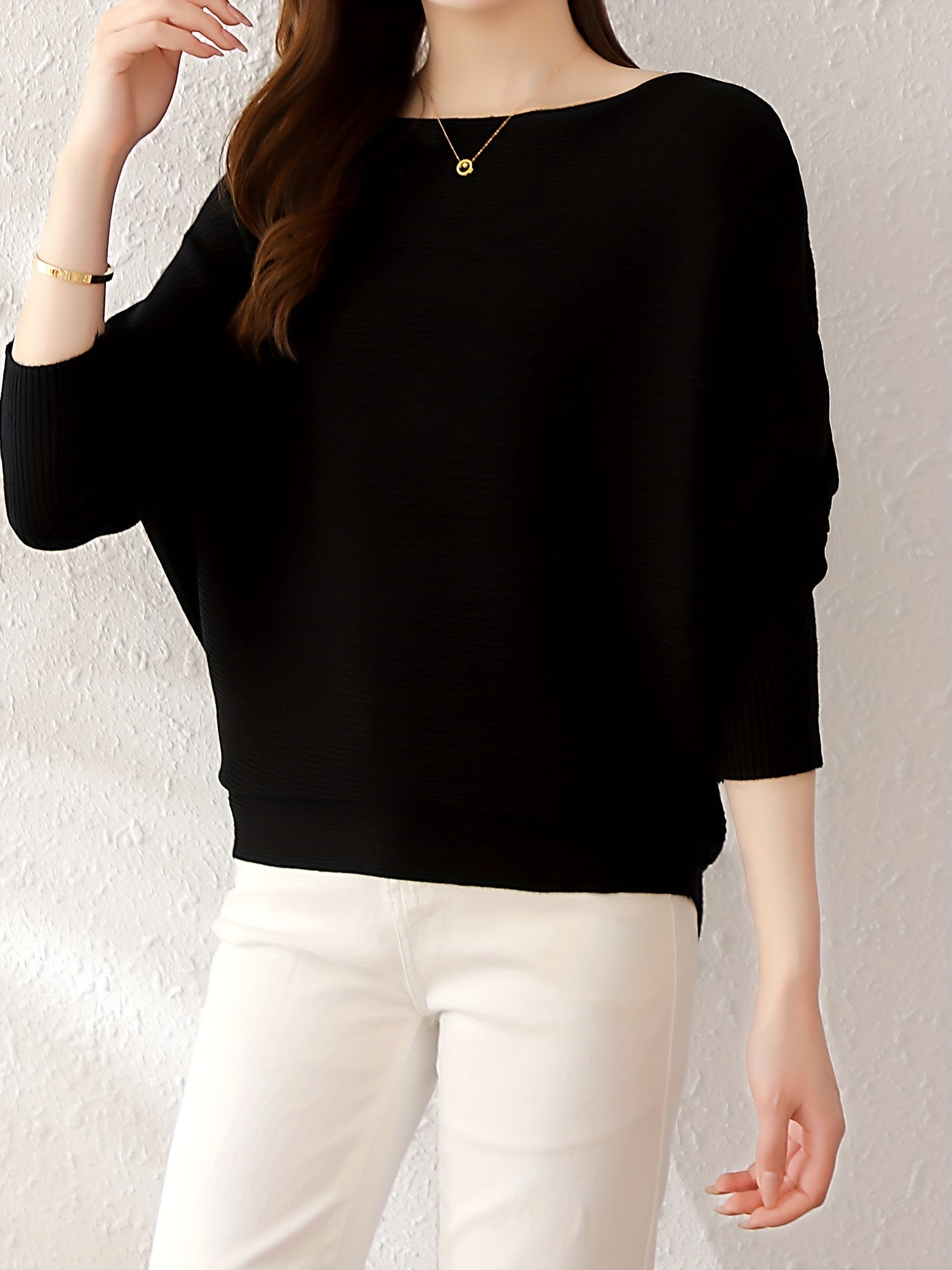Solid Batwing Sleeve Knit Sweater Boat Neck Casual Sweater