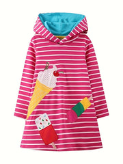Girls' Unicorn Pattern Long Sleeve Sweatshirt Dress Cotton Hooded Dress