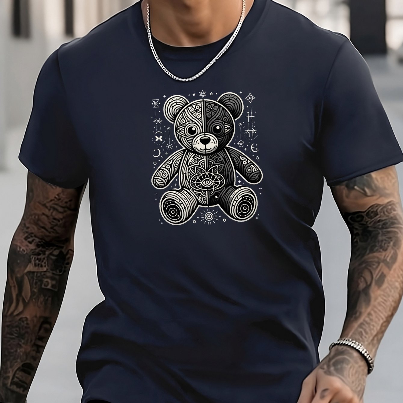 Men's Bear Pattern Shirt Casual Short Sleeve Tee Top