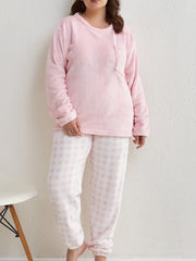 Gingham Flannel Pajama Set Women's Round Neck Sleepwear