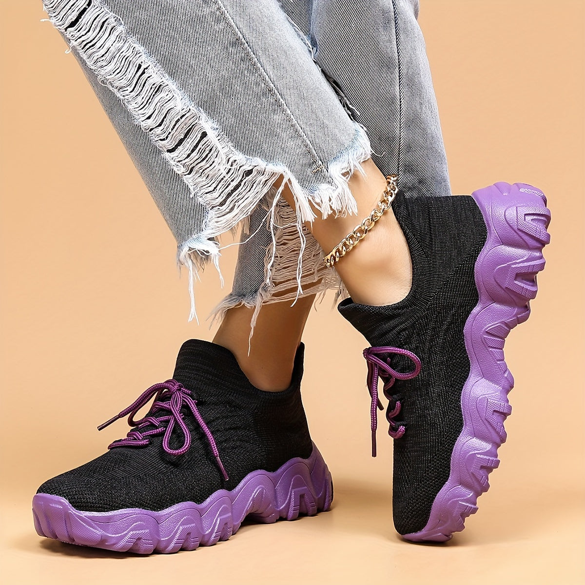 Thick Sole Mesh Running Shoes Shock Absorption Breathable Lace Up Sneakers