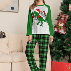 Dino Print Pajama Set Christmas Crew Neck Top & Plaid Pants Women's Sleepwear