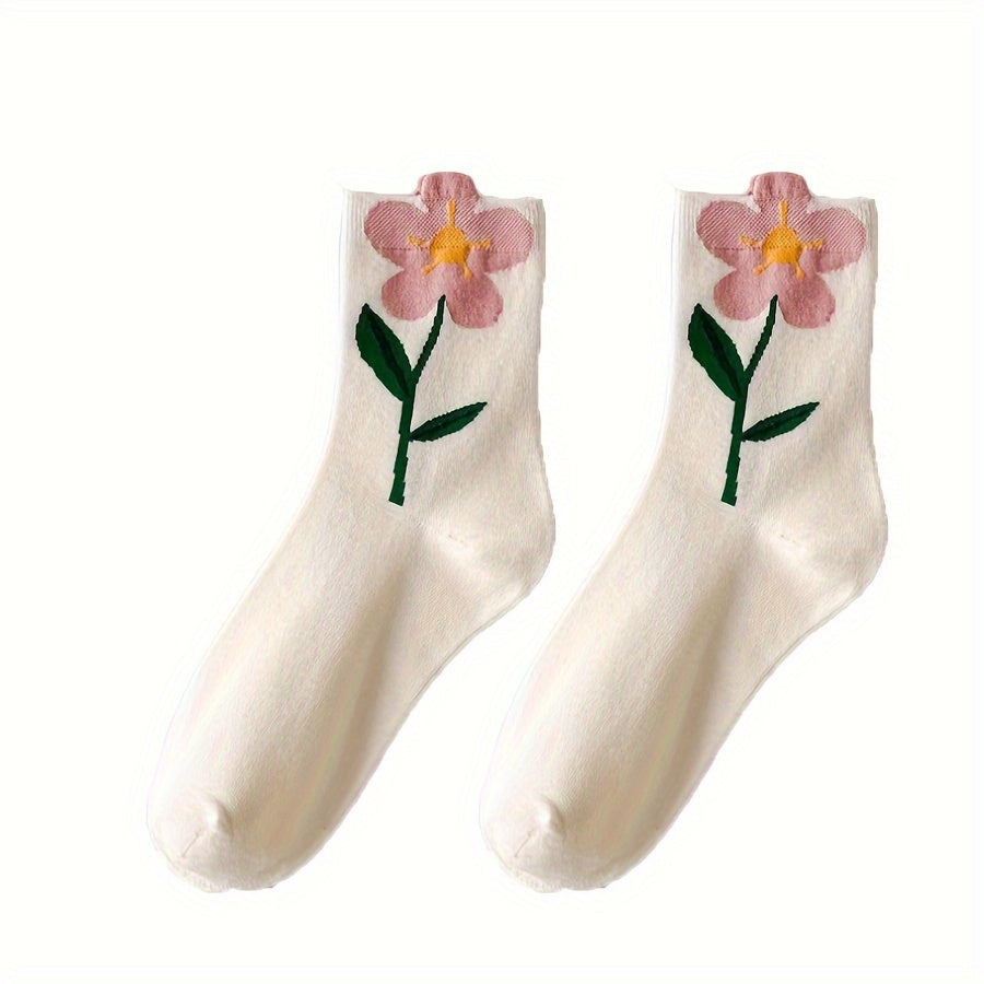 5 Pairs Floral Print Socks Women Comfy & Breathable Mid Tube Stockings