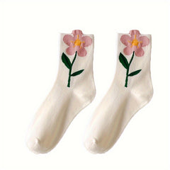 5 Pairs Floral Print Socks Women Comfy & Breathable Mid Tube Stockings