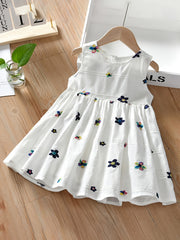 Girls Sleeveless Dress with Flower Embroidery Print