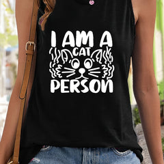 Cat & Letter Print Sleeveless Sports Vest Round Neck Casual Tops