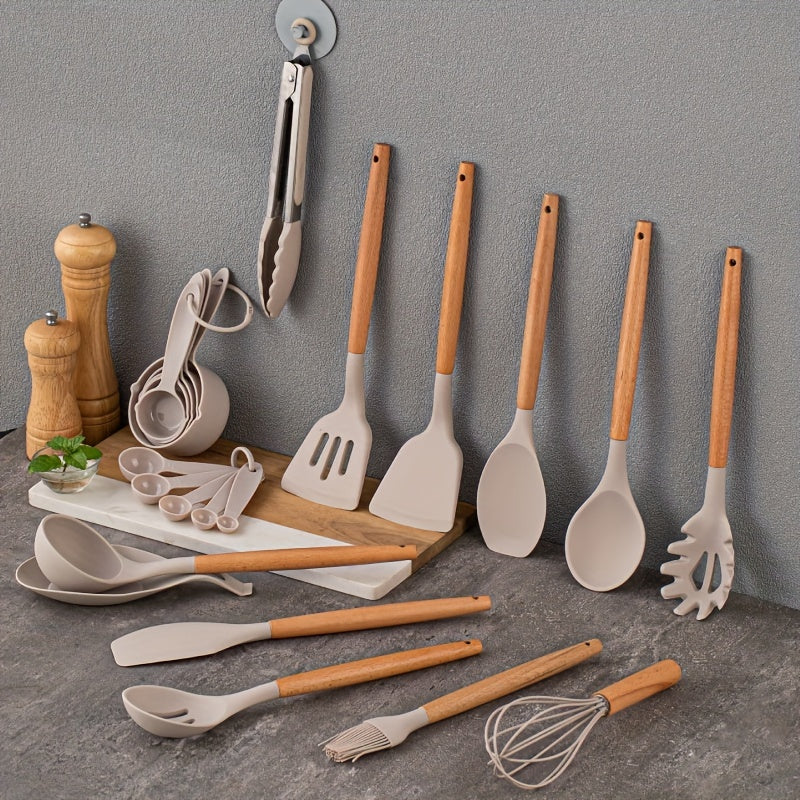 33pcs Wooden Handle Silicone Kitchenware Spoon Shovel Kitchen Gadgets Set