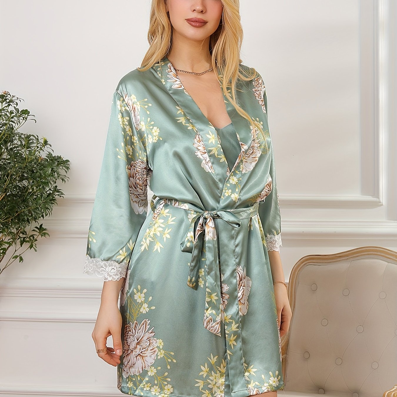 Floral Print Pajama Set Lace Trim Lace Up Robe