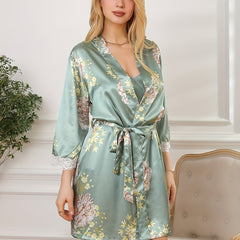 Floral Print Pajama Set Lace Trim Lace Up Robe