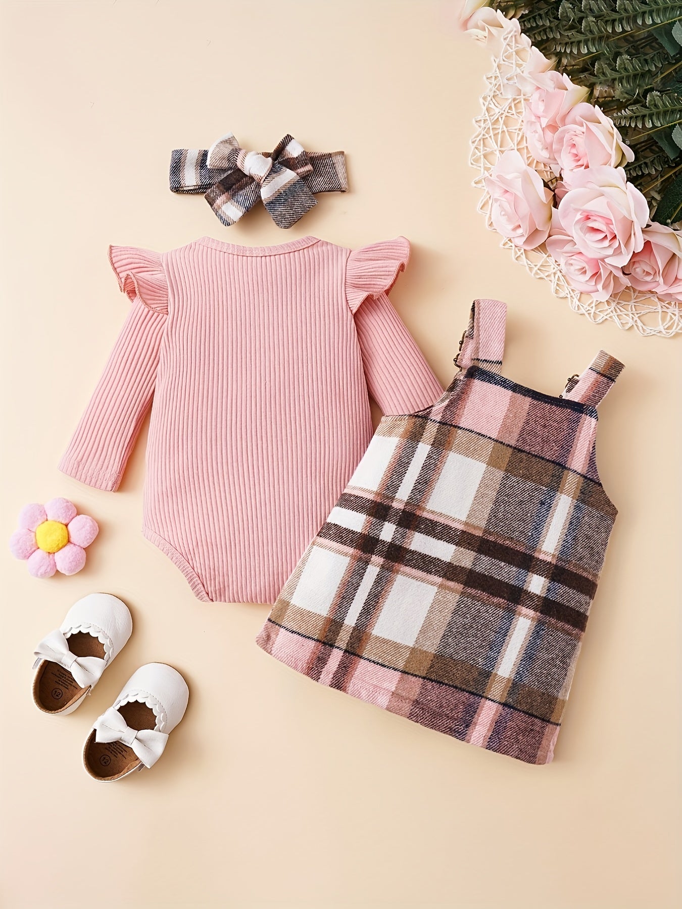 Baby Girls Cotton Ribbed Flutter Sleeve Bodysuit Plaid Suspender Skirt Set