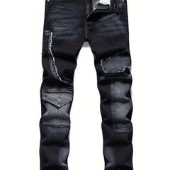 Men's Patchwork Biker Jeans Medium Stretch Denim Pants