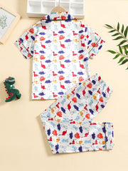 2pcs Boys Dinosaur Print Button Loungewear