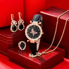 Rhinestone Butterfly Watch & Water Drop Jewelry Set