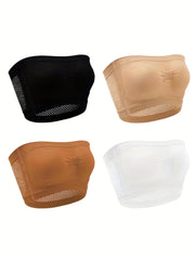 4 Pack Plus Size Basic Tube Bra Women's Plus Plain Ruched Eyelet Embroidered Tub