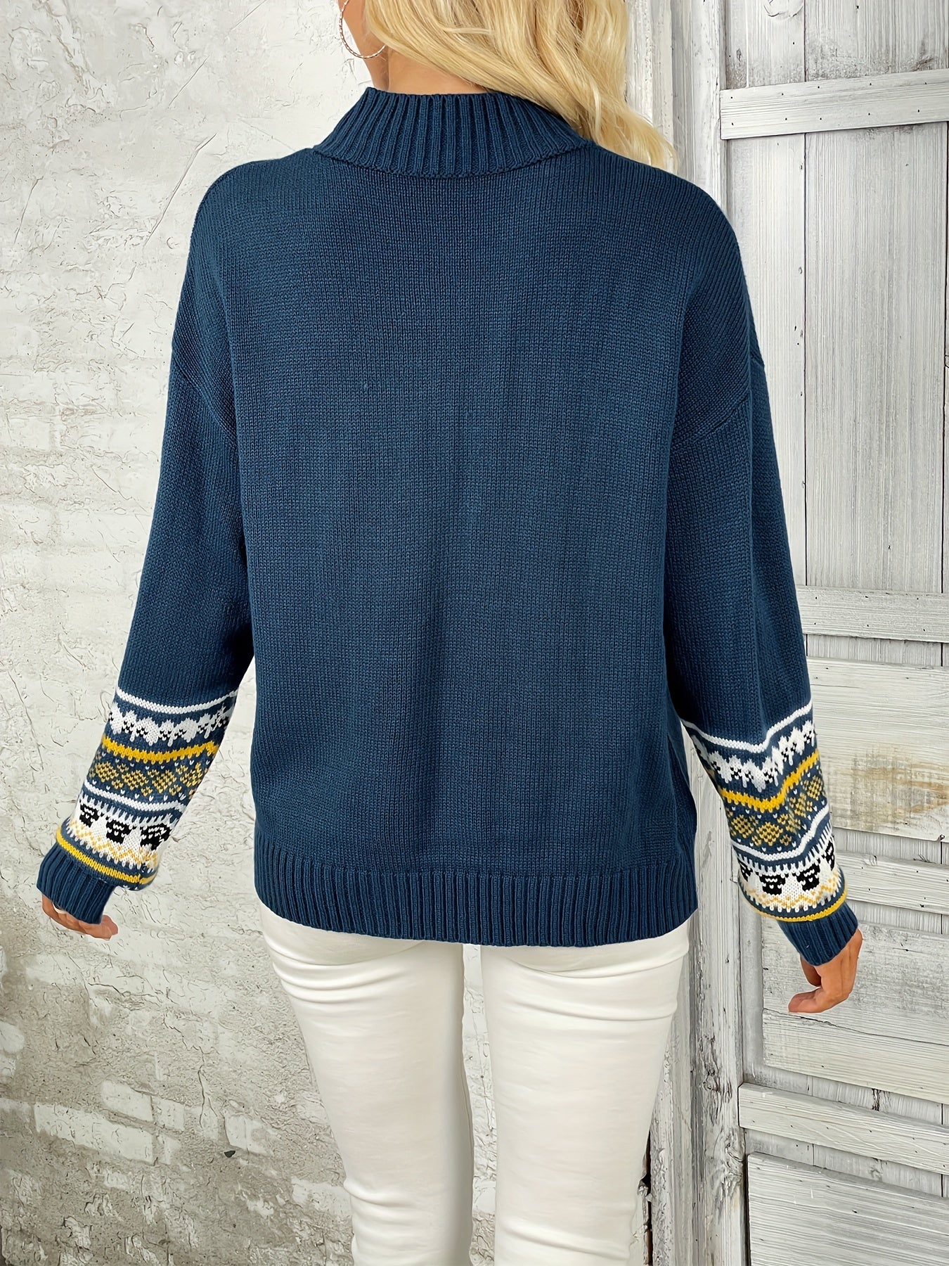 Graphic Print Mock Neck Pullover Sweater Long Sleeve for Fall & Winter