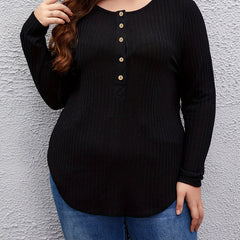 Casual Sweater Solid Button Decor Long Sleeve Crew Neck Top