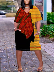 Colorblock Stripe & Floral Print V Neck Tee Dress