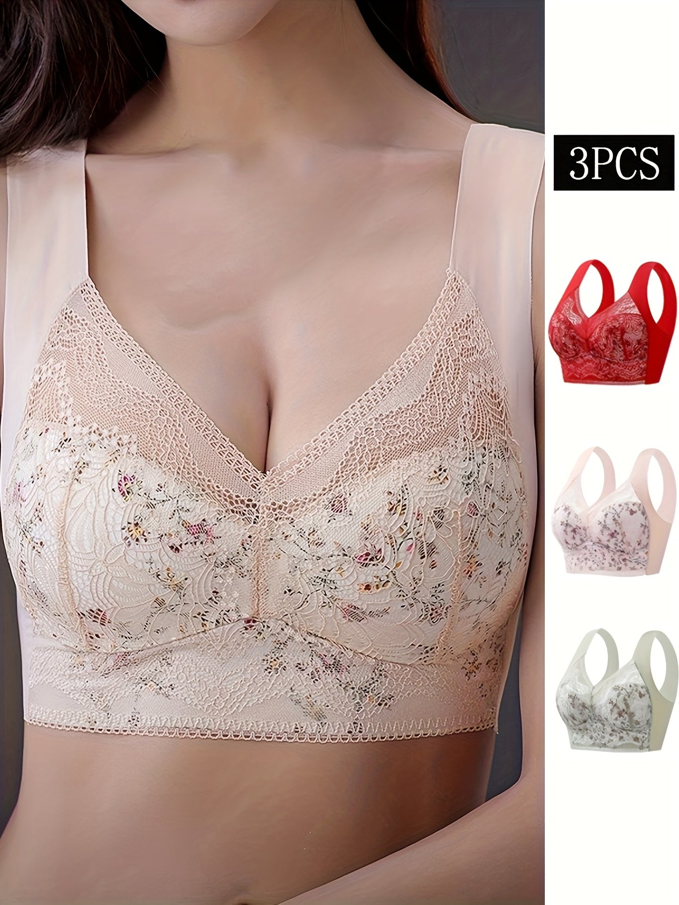 3pcs Lace Wireless Bras Comfy Push Up Seamless Bra Women's Lingerie