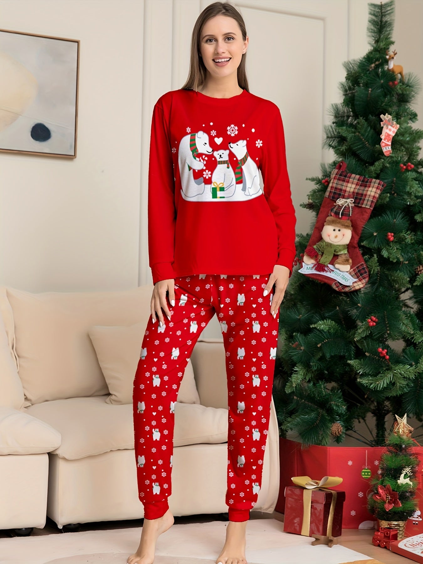 Bear Print Pajama Set Long Sleeve Crew Neck Top & Pants