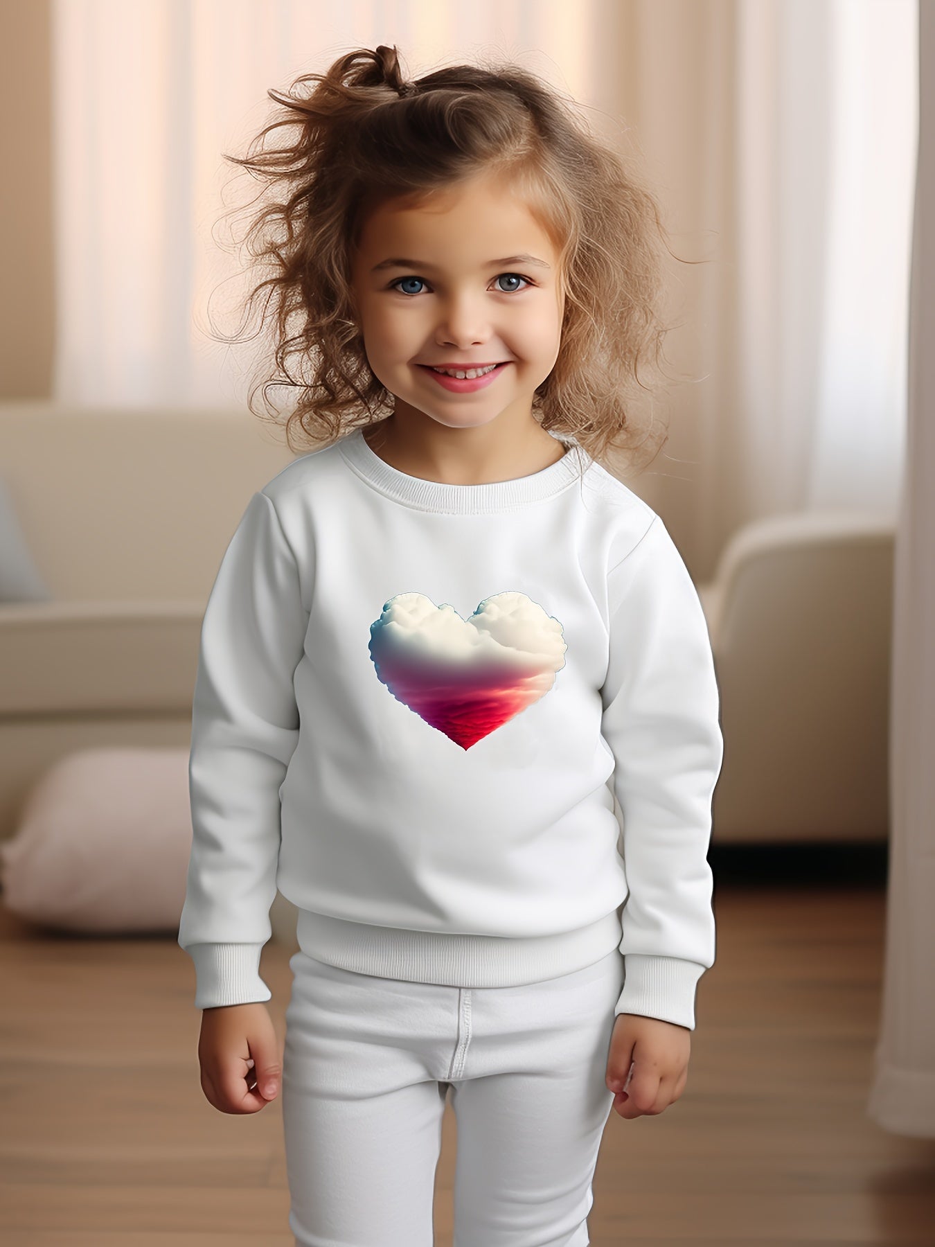Heart Cloud Print Girls Pullover Sweatshirt Long Sleeve Crew Neck Tops