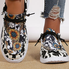 Women's Sunflower Print Canvas Shoes Lightweight Low Top Lace Up Shoes