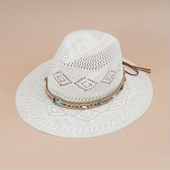 Boho Belt Decor Geometric Crochet Fedora Cap Breathable Summer Beach Hat