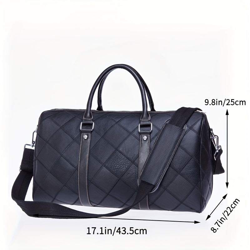 Men's Leather Duffel Bag Vintage Shoulder Bag Plaid Travel Luggage