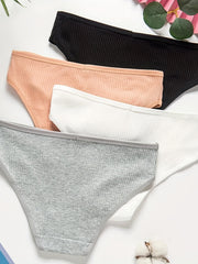 4pcs Ribbed Solid Briefs Comfy & Breathable Intimates Panties