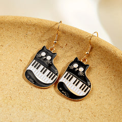Cat Piano Enamel Dangle Earrings Silver Plated Jewelry Gift