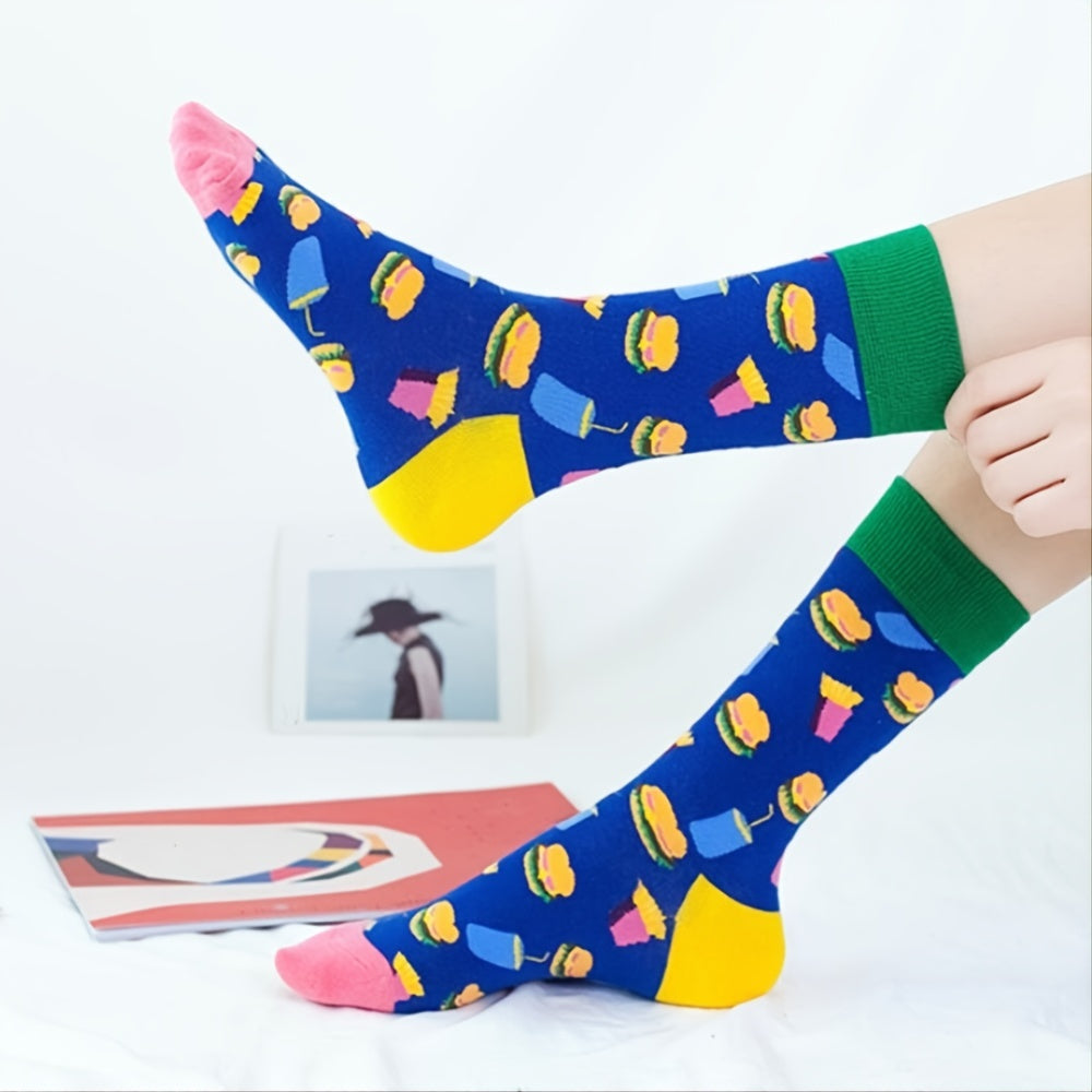 6 Pairs Fun Pattern Crew Socks Lightweight Comfy Warm Cotton Stockings