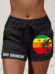 Sunset & Letter Print Drawstring Summer Shorts