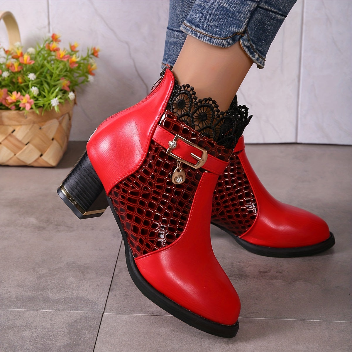 Lace Heeled Ankle Boots Crocodile Print Buckle Strap Chunky Heels