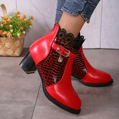 Lace Heeled Ankle Boots Crocodile Print Buckle Strap Chunky Heels