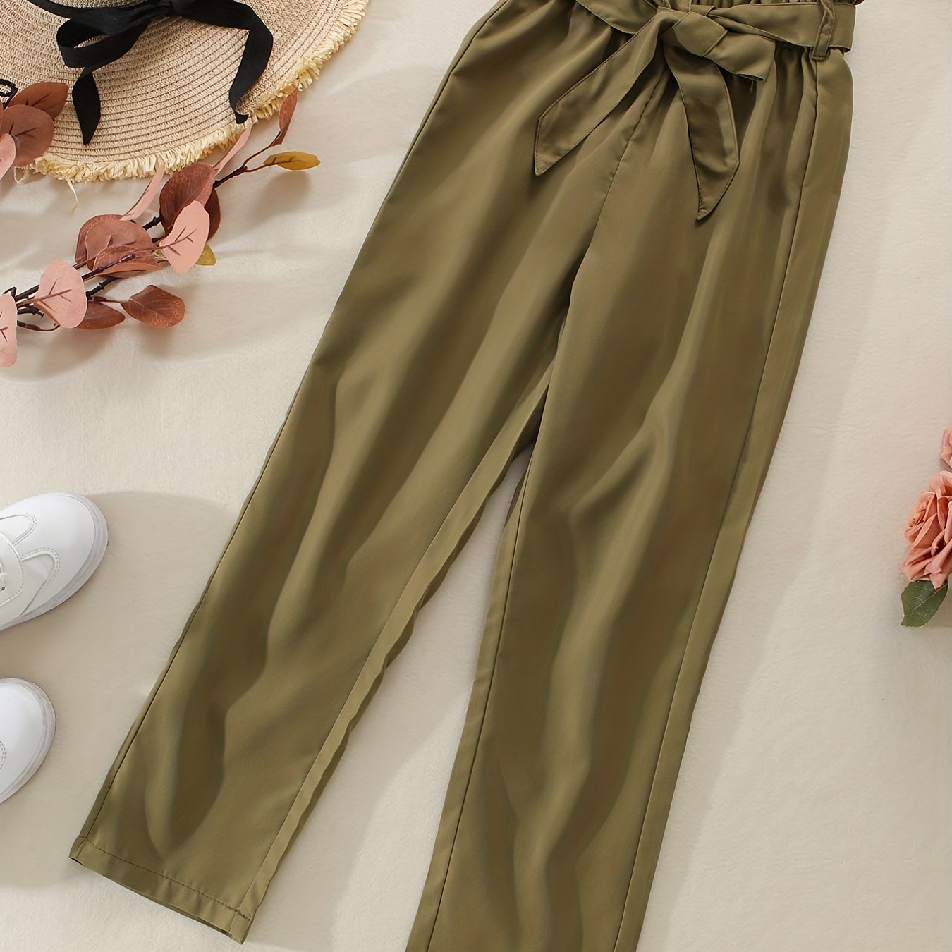 Girls Paperbag Waist Belted Cotton Casual Pants