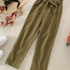 Girls Paperbag Waist Belted Cotton Casual Pants