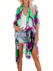 Floral Print Kimono Sleeve Cover Up Loose Open Front Cardigan Beachwear