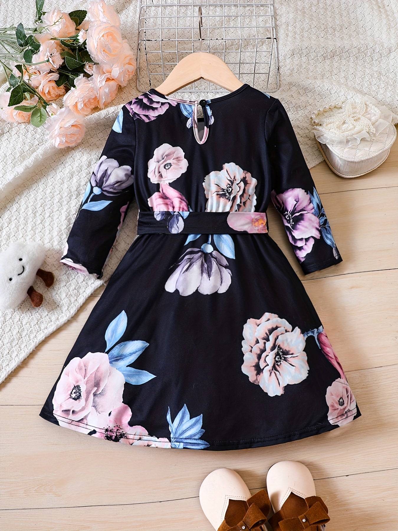 Floral Dress For Toddler Kid Girls Cropped Long Sleeve A line Belted Party