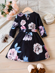 Floral Dress For Toddler Kid Girls Cropped Long Sleeve A line Belted Party