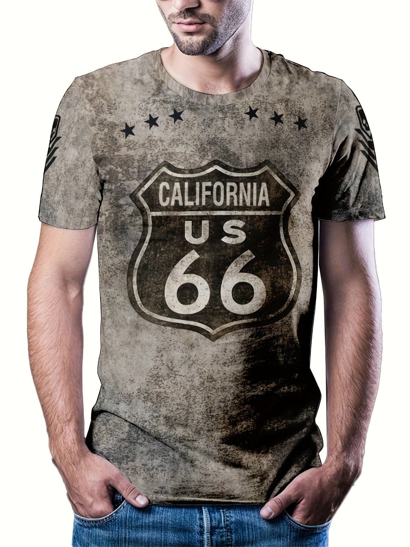 Men's Casual 3D Print Tee Shirt Street Style Stretch Round Neck for Summer